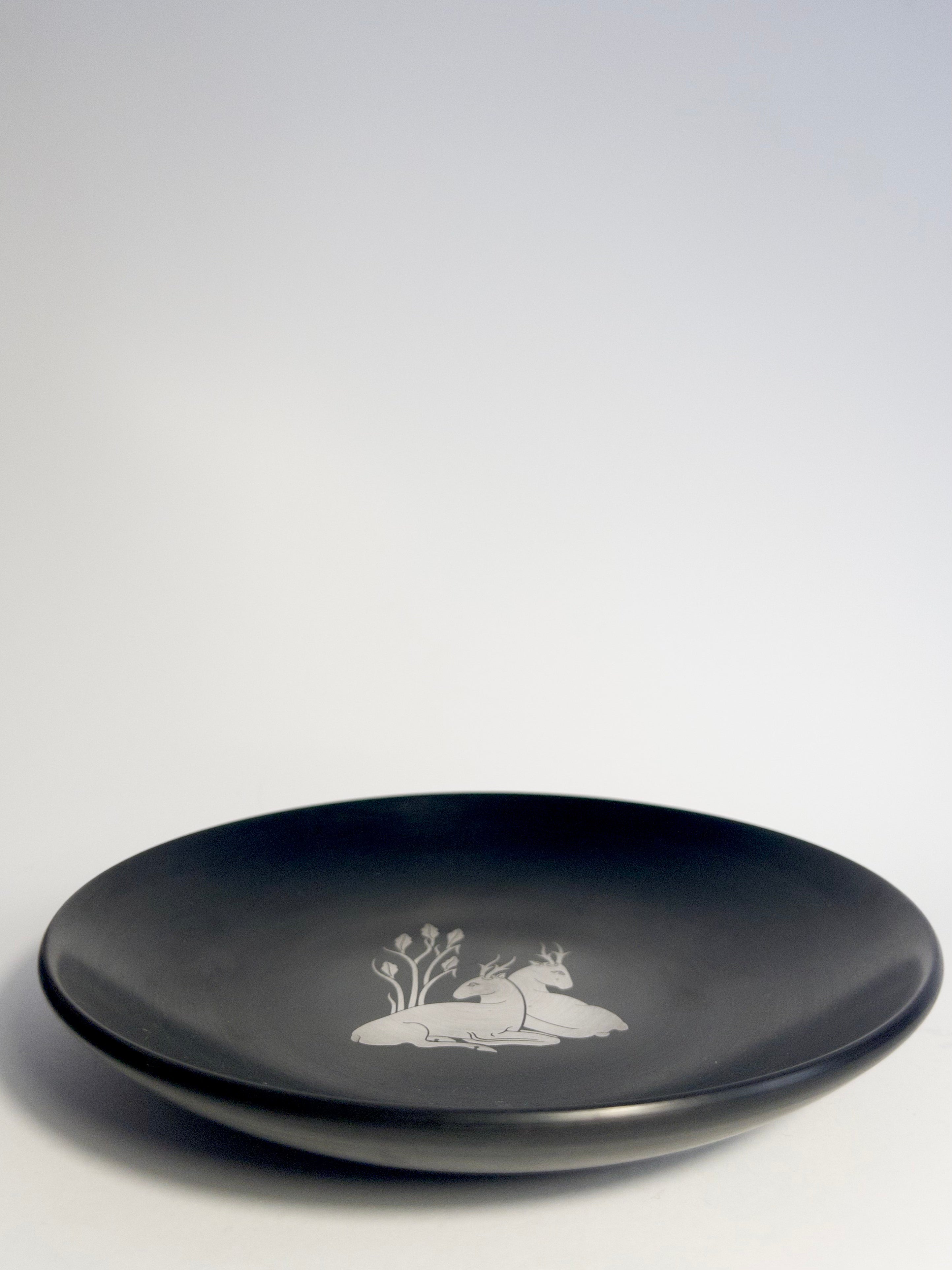 Isolit Dish with Silver Inlay of Deer, Perstorp, 1964