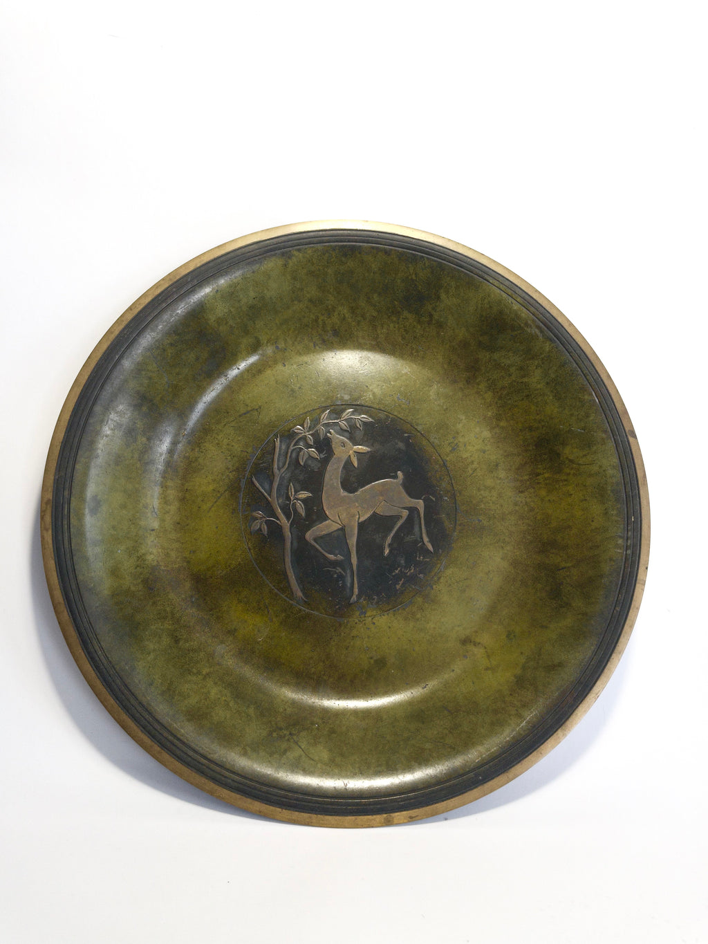 Bronze decorative shallow bowl or plate with deer motif, Danish art deco, c.1930s-1940s