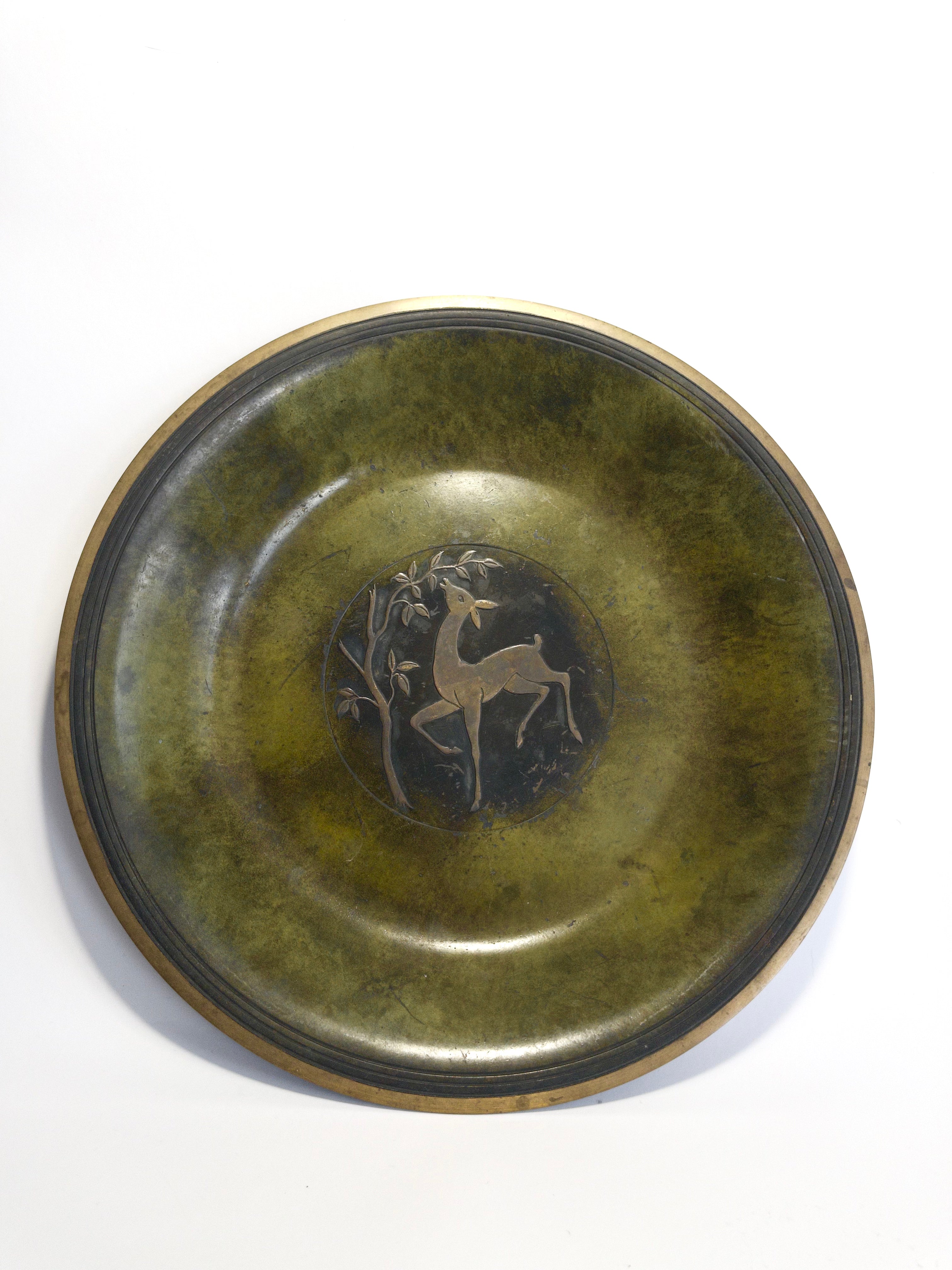 Bronze decorative shallow bowl or plate with deer motif, Danish art deco, c.1930s-1940s