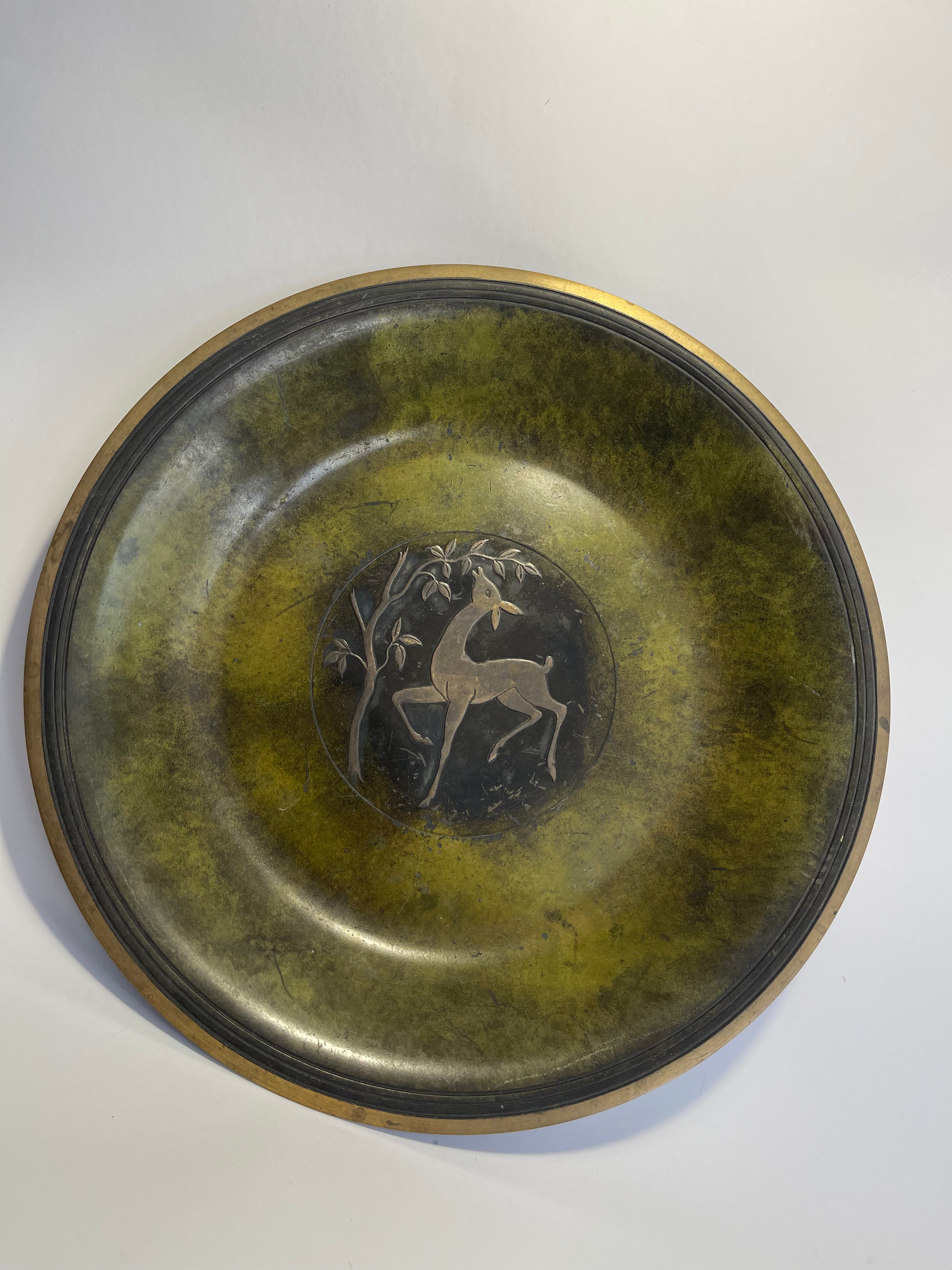 Bronze decorative shallow bowl or plate with deer motif, Danish art deco, c.1930s-1940s