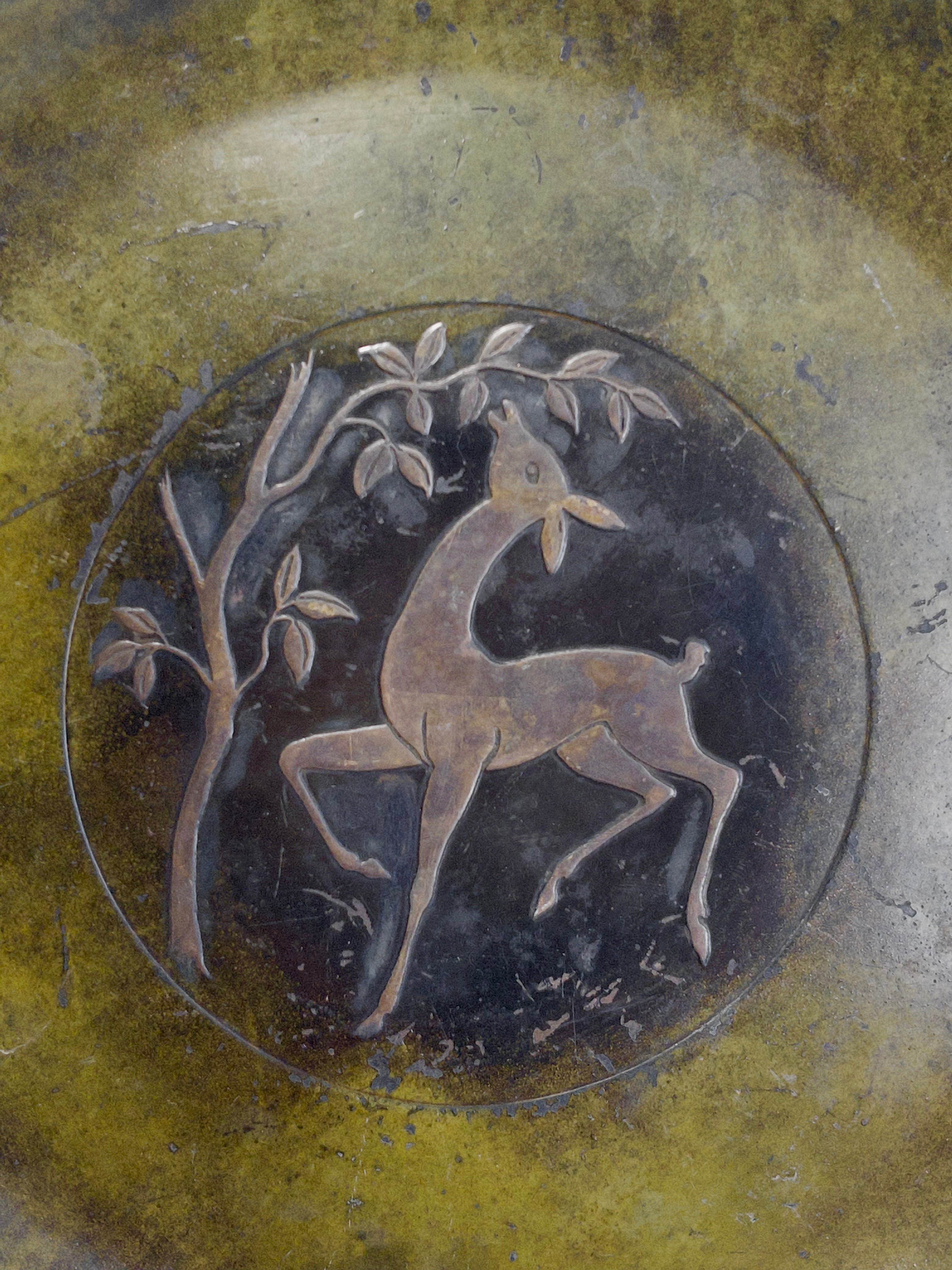Bronze decorative shallow bowl or plate with deer motif, Danish art deco, c.1930s-1940s