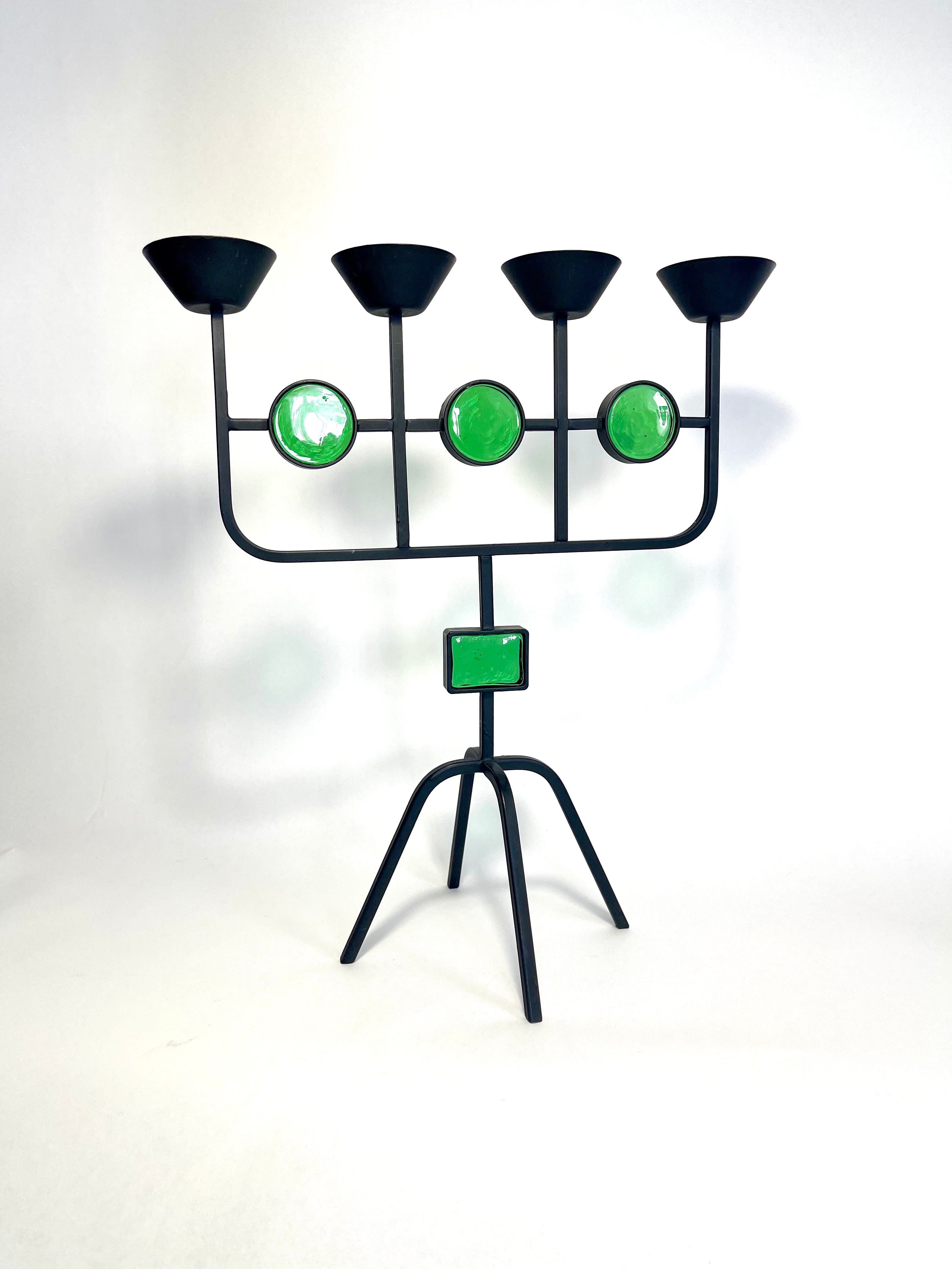 Ystad Metall Candelabra with Green Glass, by Gunnar Ander, 1960s