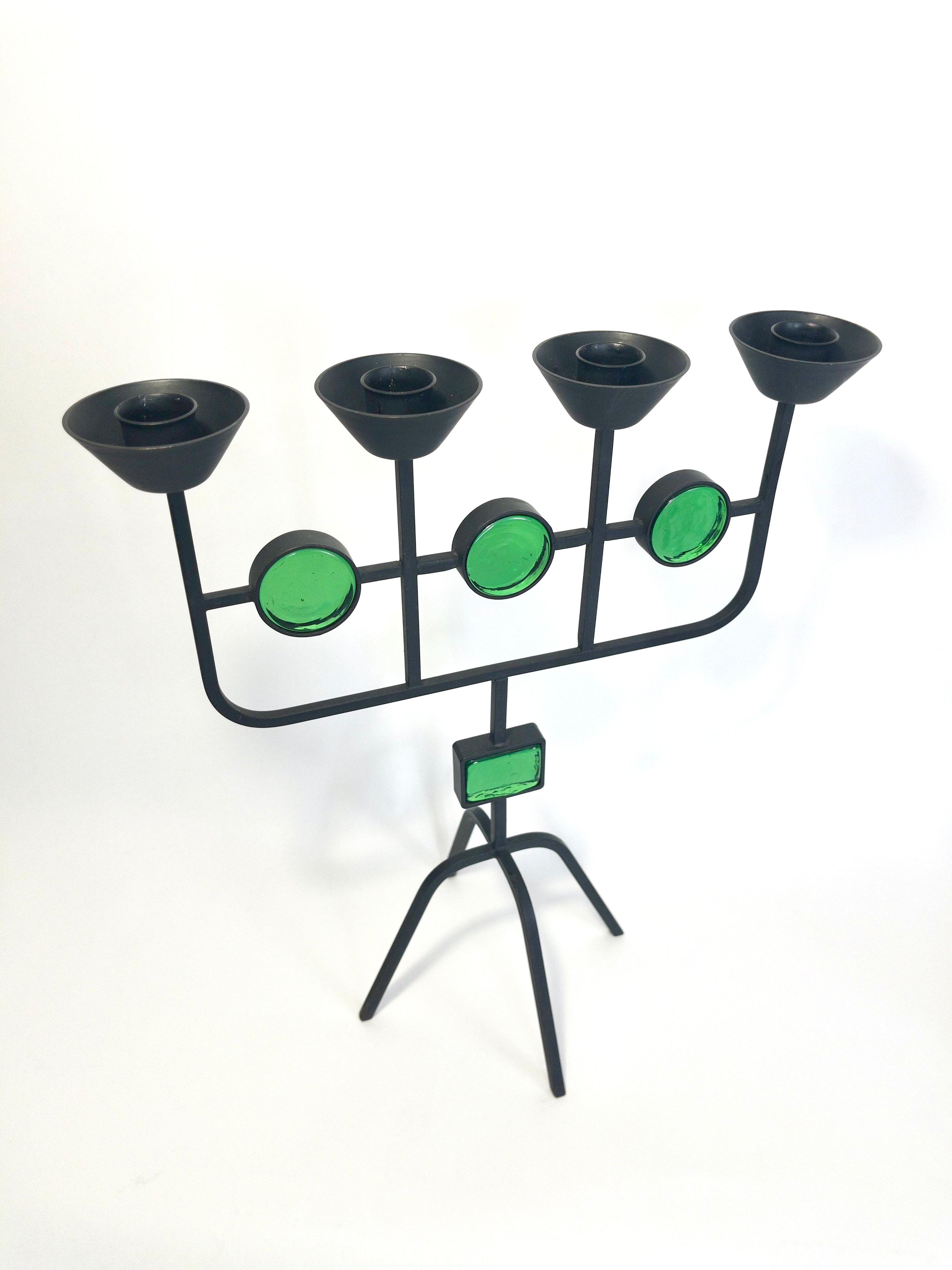 Ystad Metall Candelabra with Green Glass, by Gunnar Ander, 1960s