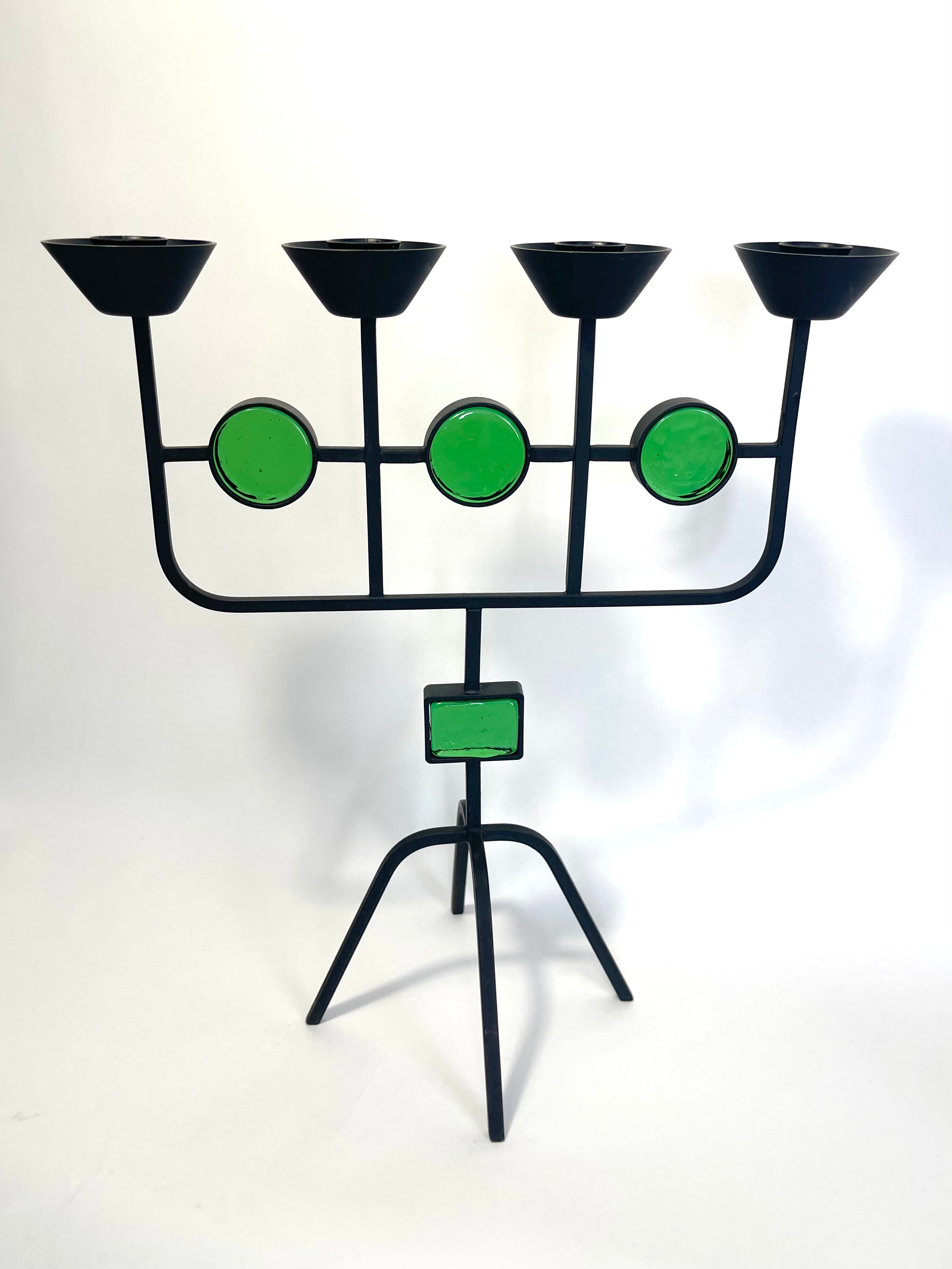 Ystad Metall Candelabra with Green Glass, by Gunnar Ander, 1960s