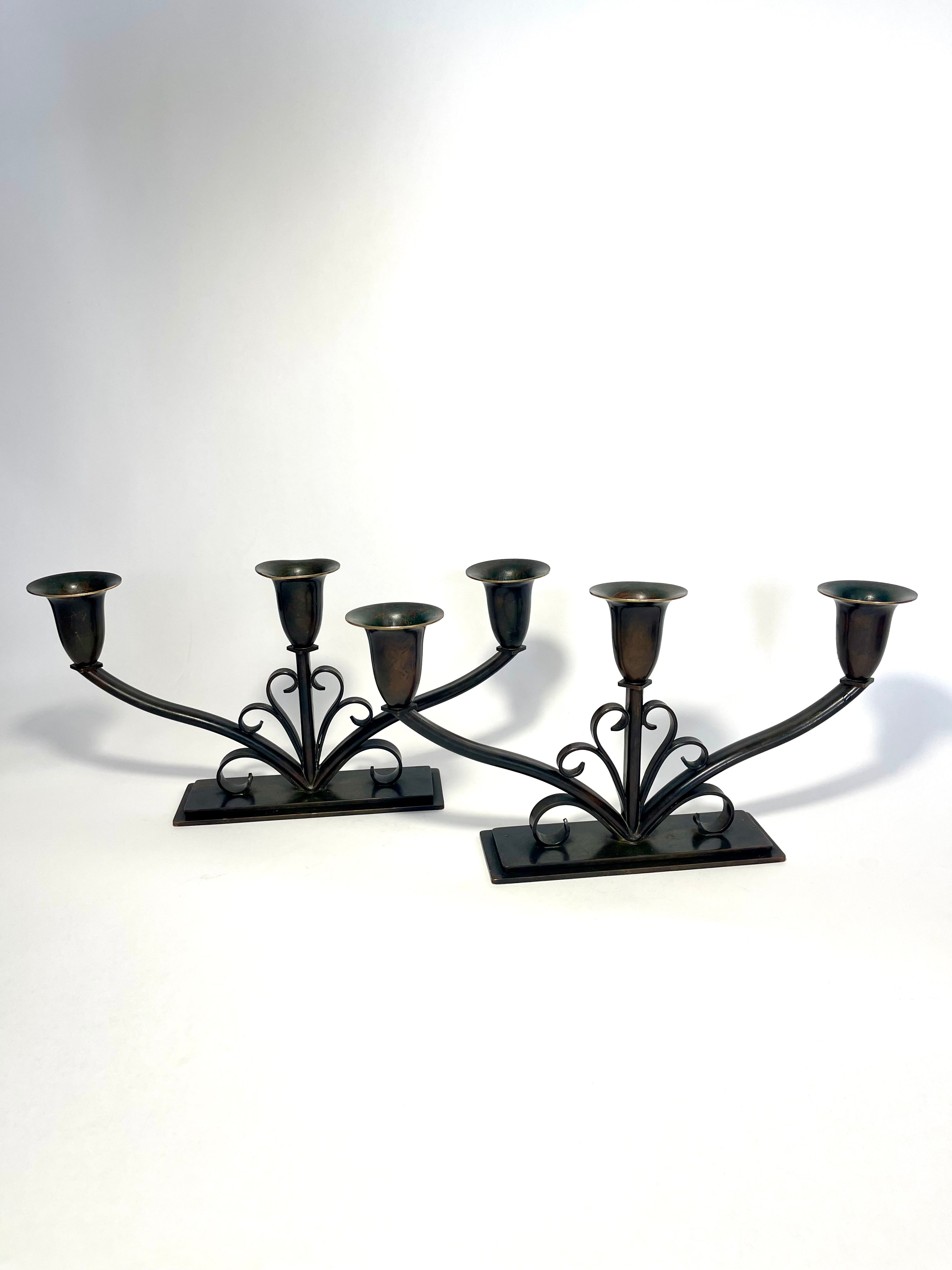 Pair of Danish Art Deco Bronze Candelabra by HF Bronze, 1930s
