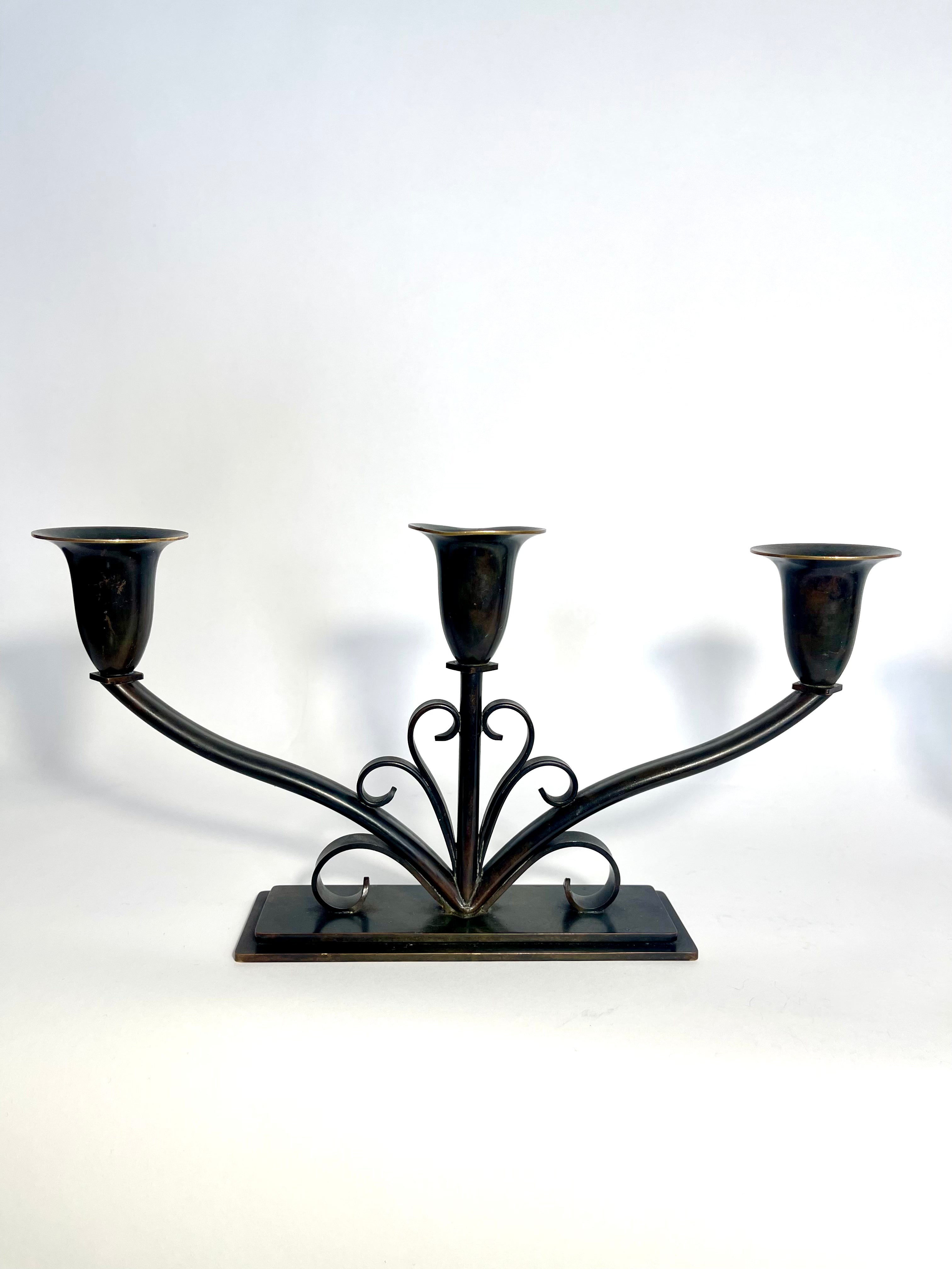 Pair of Danish Art Deco Bronze Candelabra by HF Bronze, 1930s