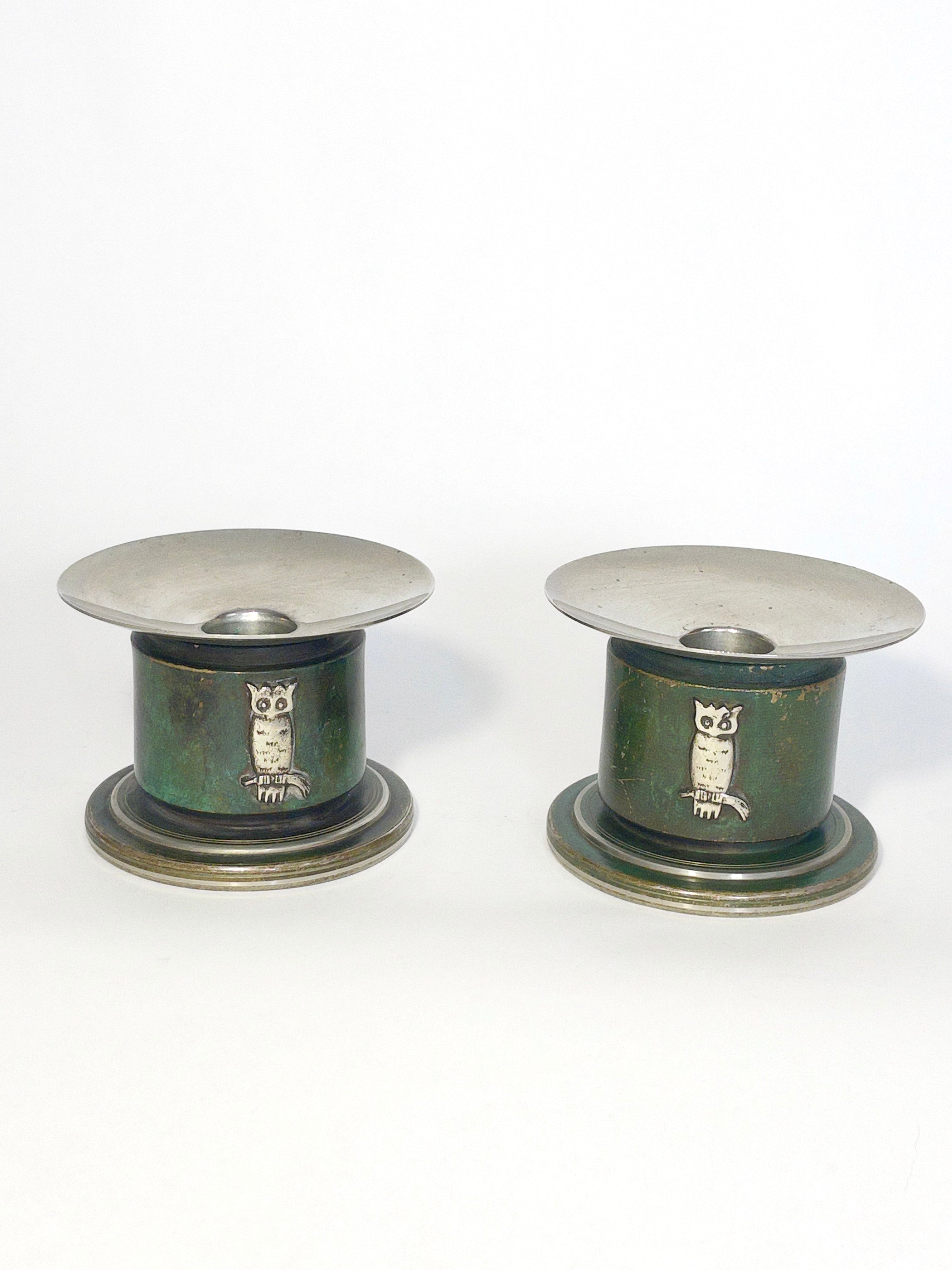 Pair of Candle Holders With Owl Decor by GAB Ori, Sweden, 1930s