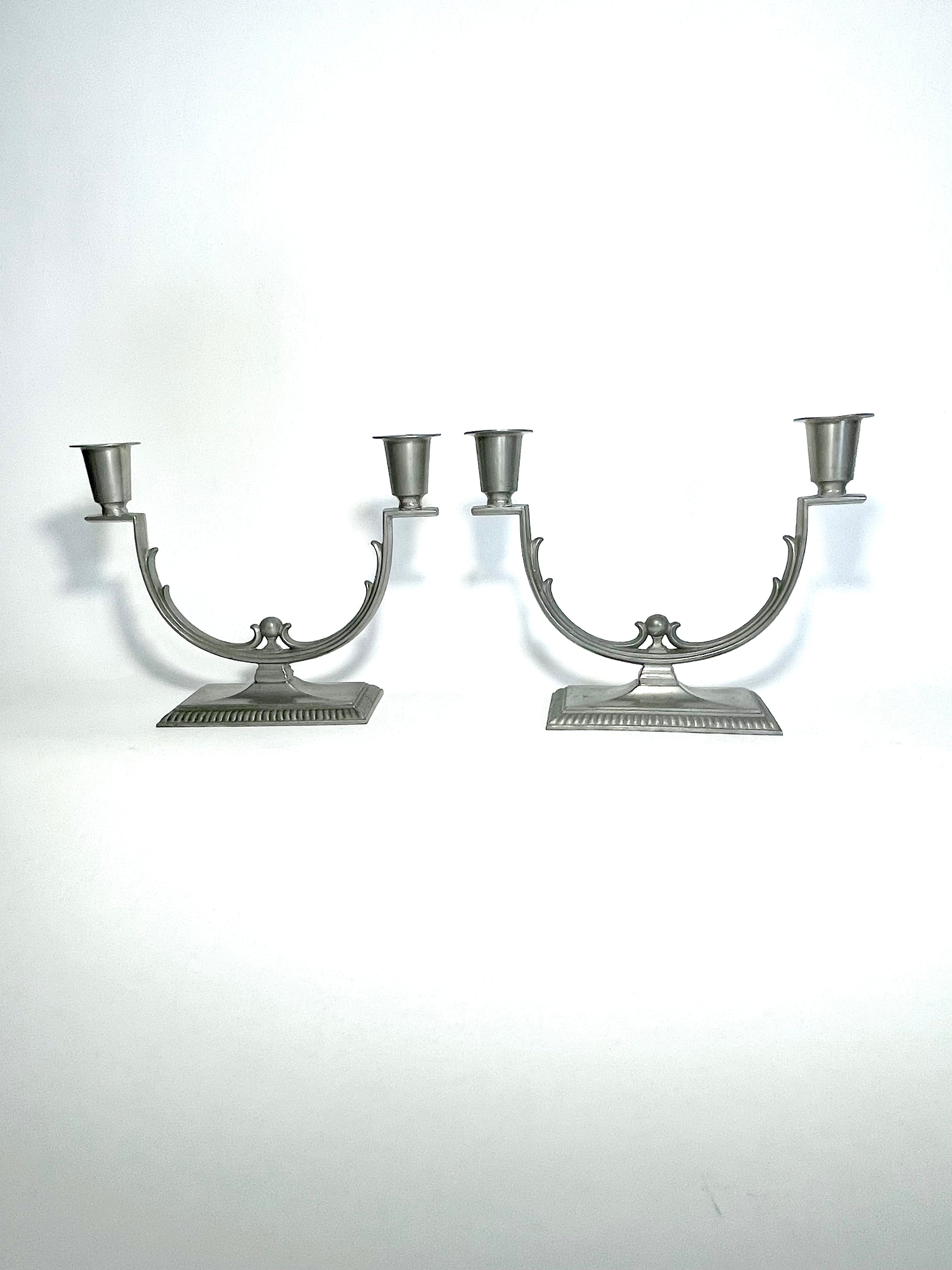Pair of Swedish Grace Pewter Candelabras by CG Hallberg, 1930s